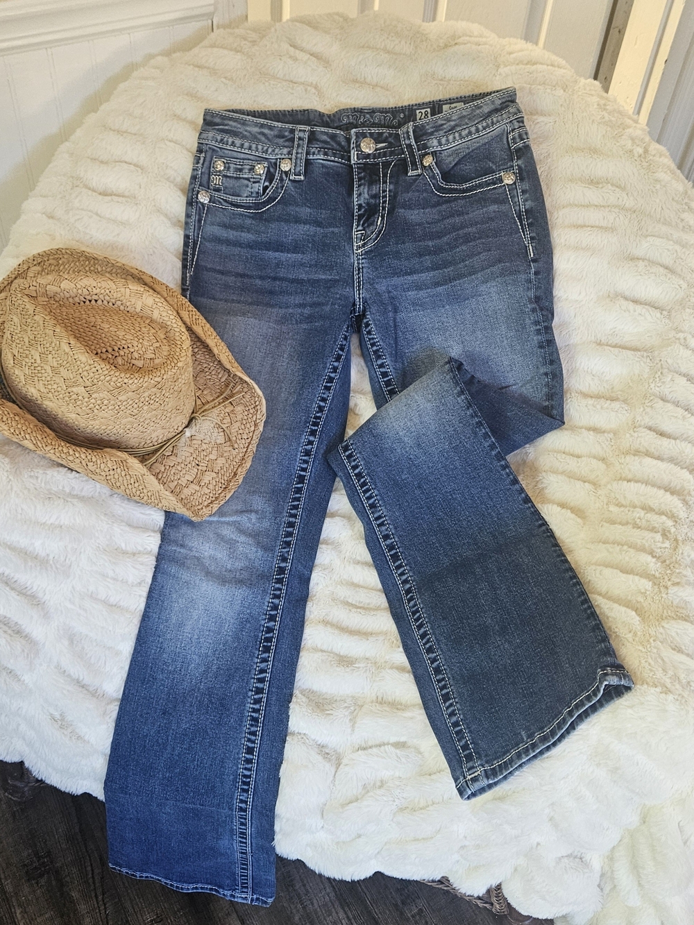 Miss Me Dark Blue Flared Jeans Boho Feather Detail On Pockets